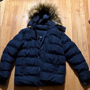Kids navy blue Puffer Jacket with Faux Fur Hood